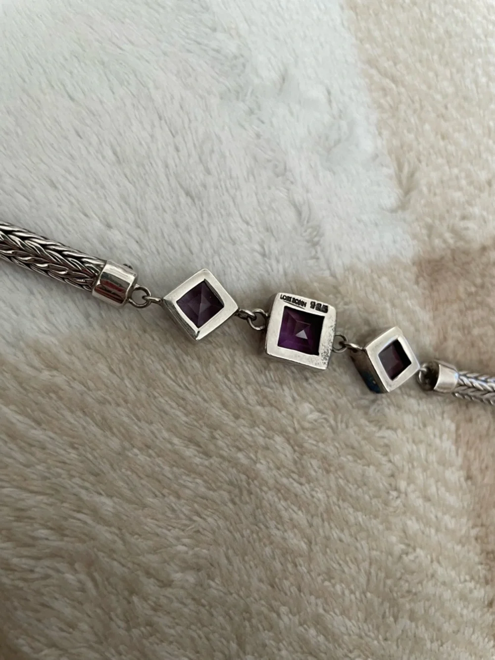 Vintage Lori Bonn 925 Sterling Silver Bracelet Three Purple Square Gemstones
